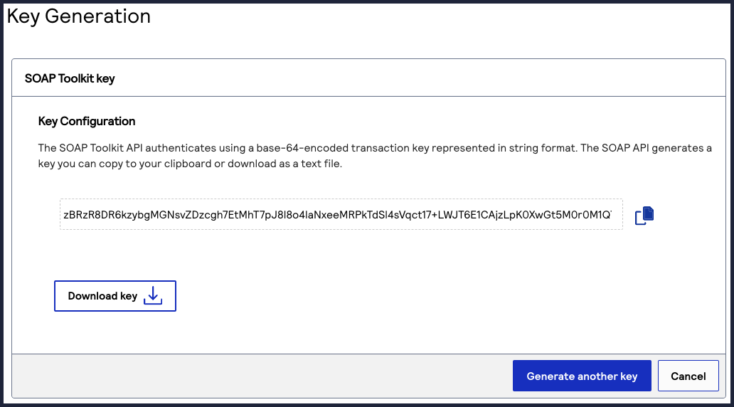 Key Generation page showing the generated SOAP toolkit key