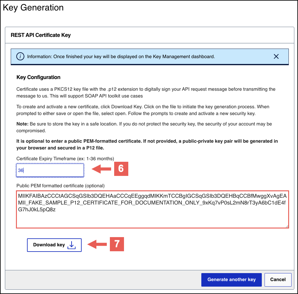 Download key page showing the certificate submission form with PEM content entered