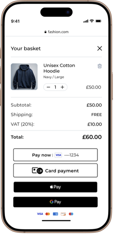 The Unified Checkout UI showing a payment instrument, card payment, Apple Pay, and Google Pay.
